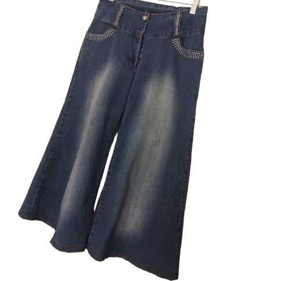 Y2K GAUCHOS Coullotes Jrs Sz XL Denim Stretch Spandex RHINESTONES Sun Fade - Picture 3 of 16